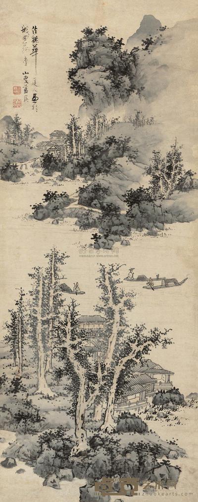 蓝瑛 青山放舟图 立轴 142×56cm