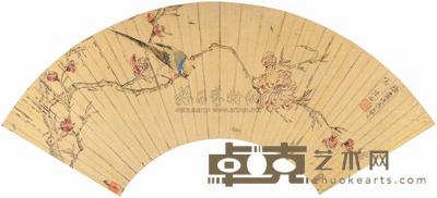陆治 青鸟栖枝图 扇面 16×49cm