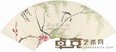 朱本 柳枝小鸟 扇面 18×52cm