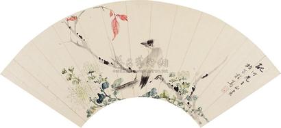 程莺 秋菊小鸟 扇面