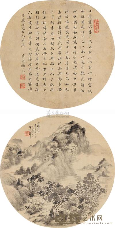 何维朴 杨文 1888年作 水墨山村 团扇 直径25cm