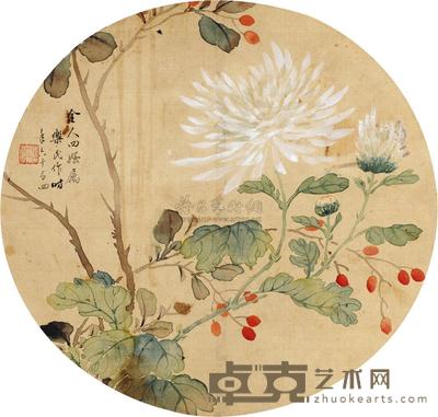汤禄名 1868年作 秋实丽蕊 团扇 直径24cm