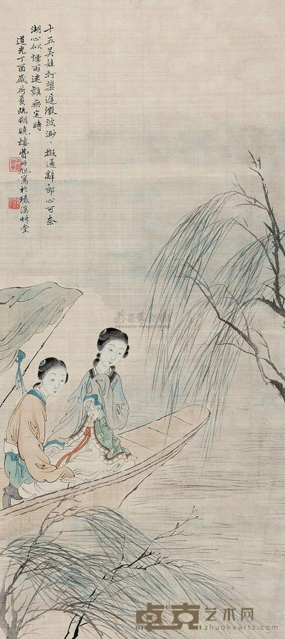 费丹旭 柳塘双美 镜心 84×37cm