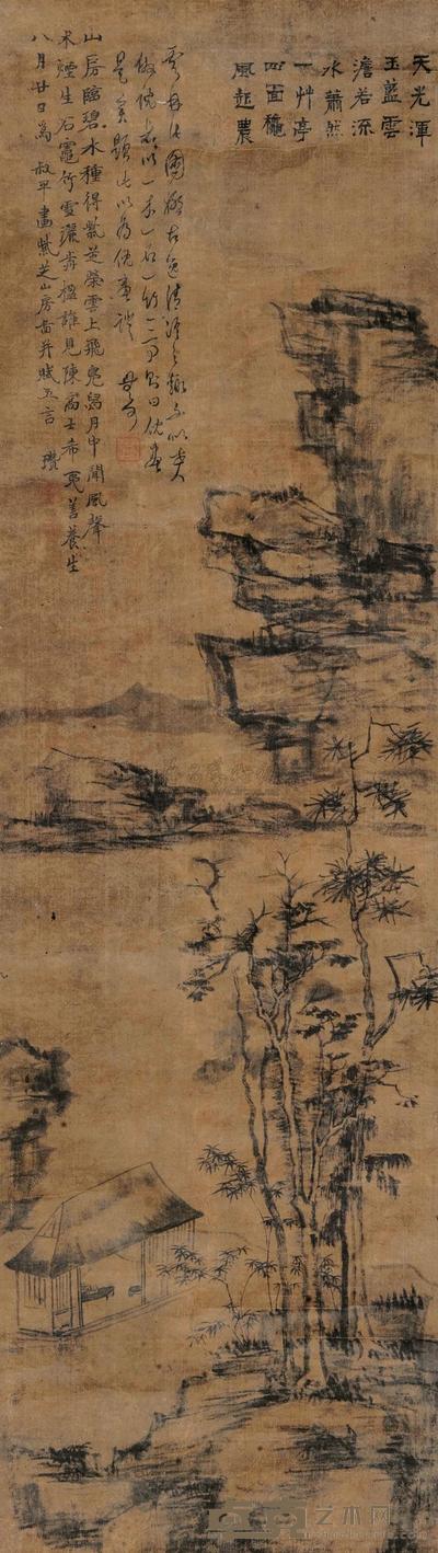 倪瓒 （款） 疏林幽居图 立轴 142×41cm