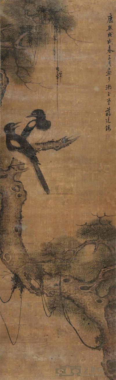 蒋廷锡 1718年作 松雀图 立轴 136×41cm×2