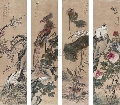 王銮 1889年作 花鸟 四屏