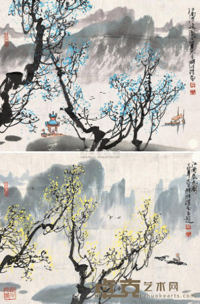 解纬础 1987年作 江南春色图 （两件） 45×34cm×2