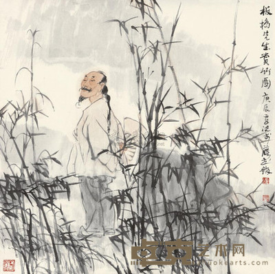 卢沉 1988年作 板桥先生赏竹图 镜心 68×68cm