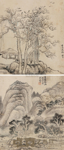 戴熙 山水双挖 立轴 26×22cm×2