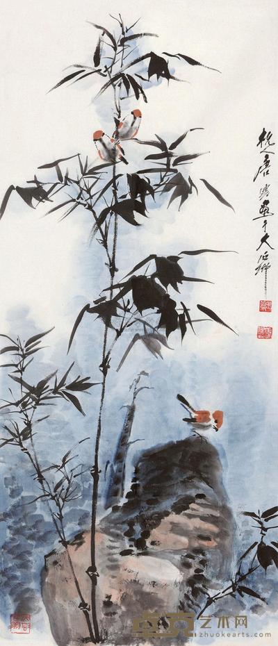 唐云 竹石麻雀 镜心 95×41cm