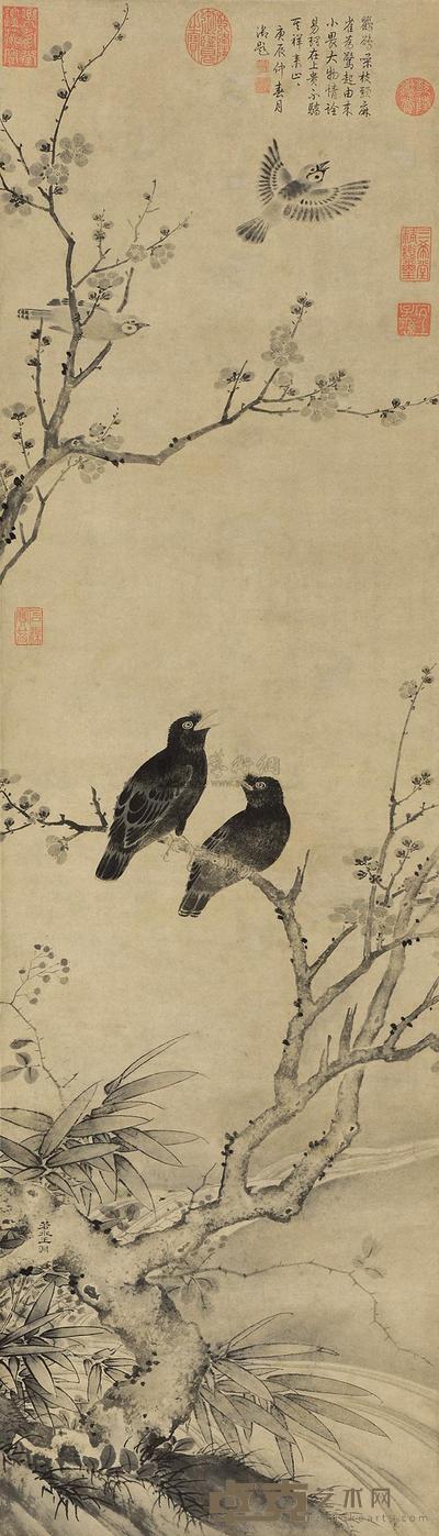 王渊 鸜鹆梅雀图 立轴 113.2×32.2cm