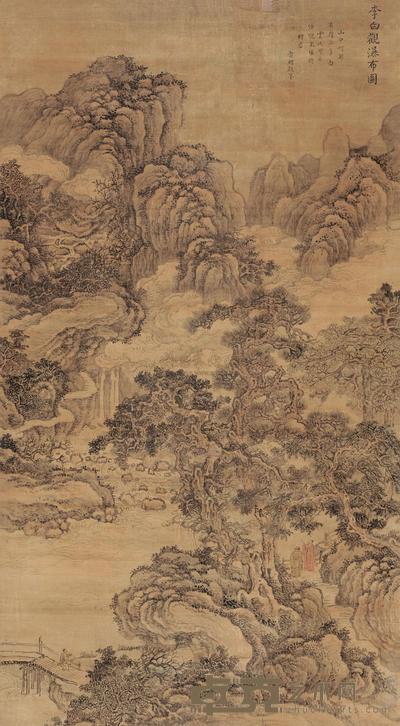雷鲤 李白观瀑布 立轴 180×98cm