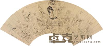仇英 十八罗汉渡海图 扇面 17×52cm