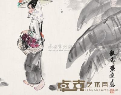 周思聪 蕉荫少女 立轴 38×49cm