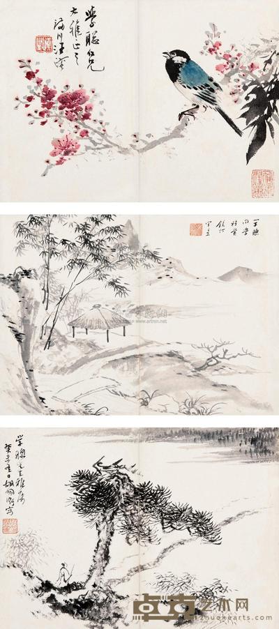 汪溶 吴镜汀 胡佩衡 山水花鸟 (三帧) 镜心 20×28cm×3