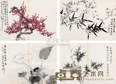 汪吉麟 秦仲文 邱石冥 杨敷海 花卉 （四帧） 镜心 20×28cm×4