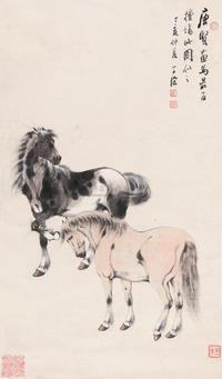 吴子深 1947年作 双骏图 立轴