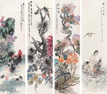 曹华 何煜 陆龙 倪田 人物花鸟 四屏