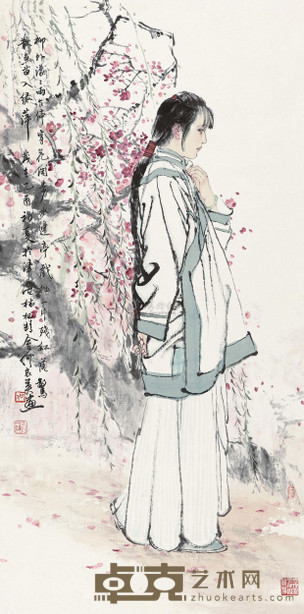 何家英 2005年作 桃花少女 镜心 96×48cm