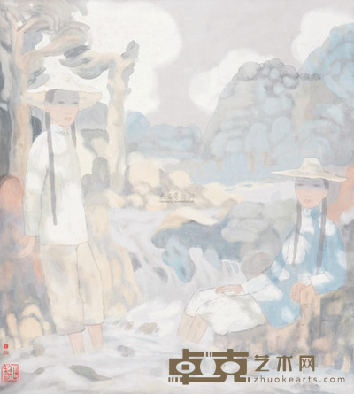 田黎明 溪边村姑 立轴 65×58cm