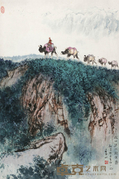 李山 跋山涉水驼运图 立轴 67×45cm