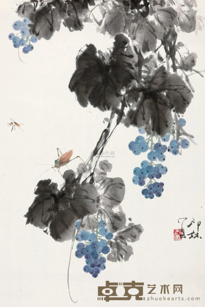 萧朗 葡萄草虫 镜心 69×46.5cm