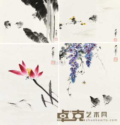张大华 紫葡雏鸡·游鱼戏莲 镜心 尺寸不一