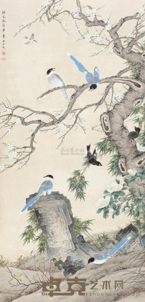 田世光 白梅繁雀图 立轴 174×83cm
