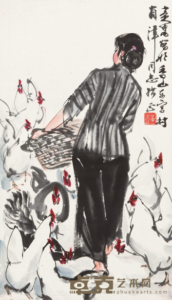 黄胄 饲鸡图 立轴 78×45cm