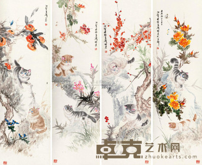 王雪涛 曹克家 花鸟狸奴 四屏 135×41cm×4