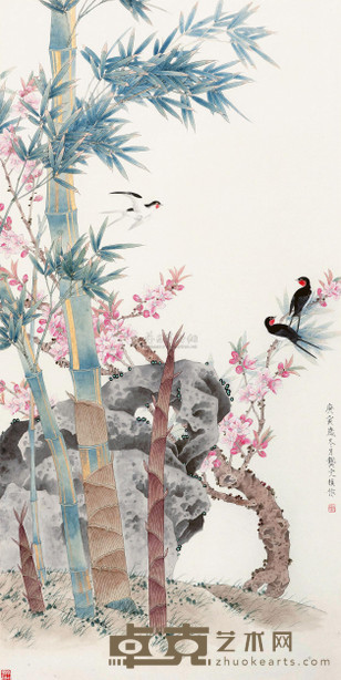 龚文桢 2010年作 竹雀 镜心 131×66cm