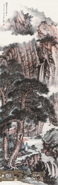 黄君璧 1943年作 观瀑图 立轴 137×44cm