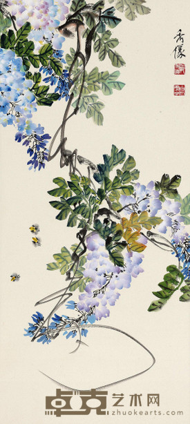 郭秀仪 紫藤蜜蜂 镜心 82×37cm