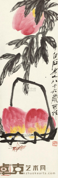 齐白石 寿桃蚱蜢 立轴 102×34cm