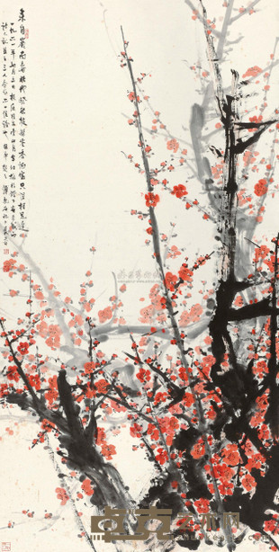 傅抱石 关山月 1961年作 红梅 立轴 137×70cm