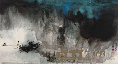张大千 苍山钓艇 镜心 27×48cm