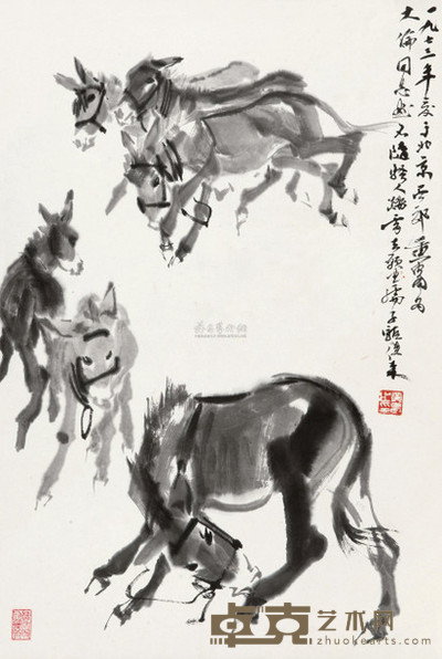 黄胄 1973年作 群驴图 立轴 67×45cm