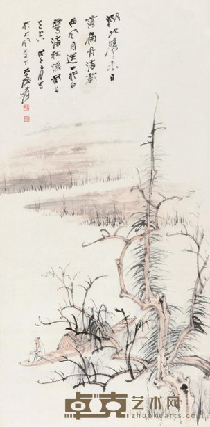 张大千 1948年作 孤舟野老 立轴 100×48cm