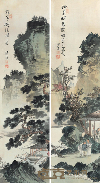 溥儒 山水 二屏 90×25cm×2