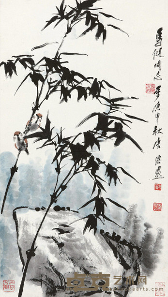 唐云 1980年作 麻雀竹石图 立轴 78×44cm