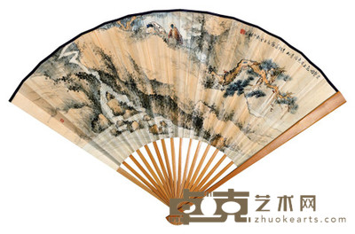 李端善 金执中 松溪泉石图 成扇 18×48cm