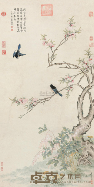 杨大章 碧桃翠雀 立轴 128×64cm