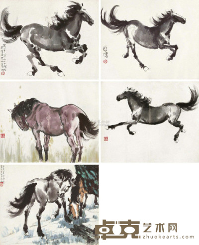 徐悲鸿 1939年作、1940年作 画马集 册页 （五开） 30×37.5cm×5