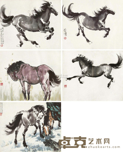 徐悲鸿 1939年作、1940年作 画马集 册页 (五开) 30×37.5cm×5