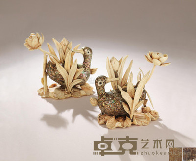 清 象牙螺钿漆鸳鸯 （一对） 长11cm
