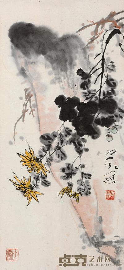 谢之光 菊石图 镜心 86×40cm