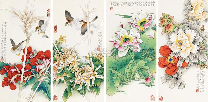 檀东铿 2011年作 工笔花鸟 四屏