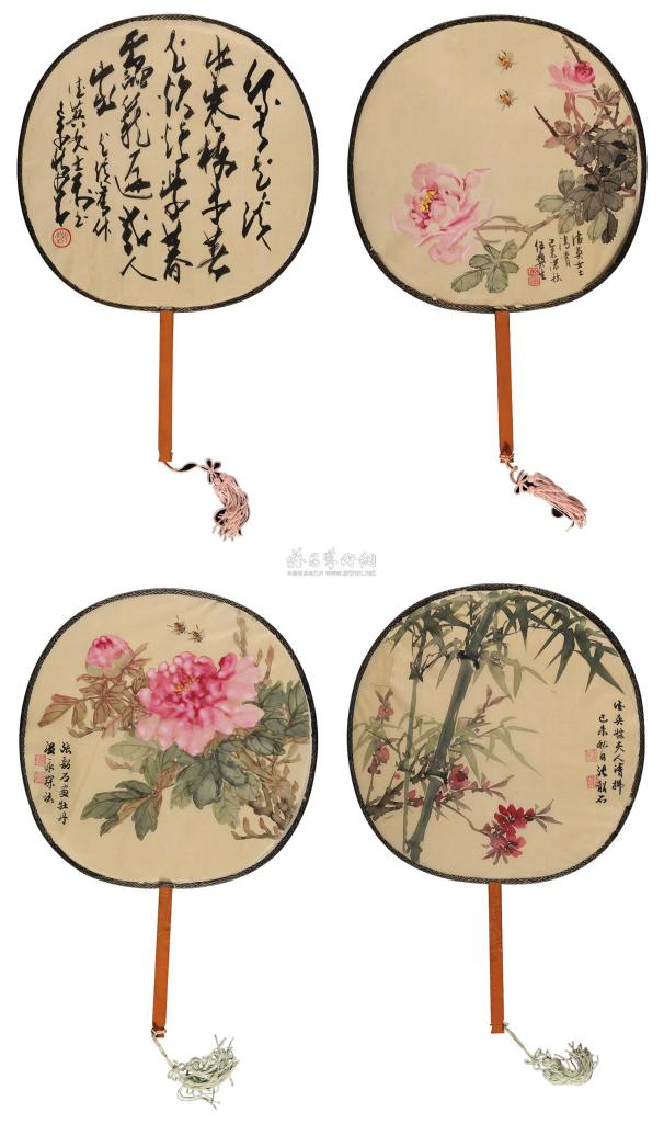 赵少昂 等 1979年作 花卉 书法图扇 团扇