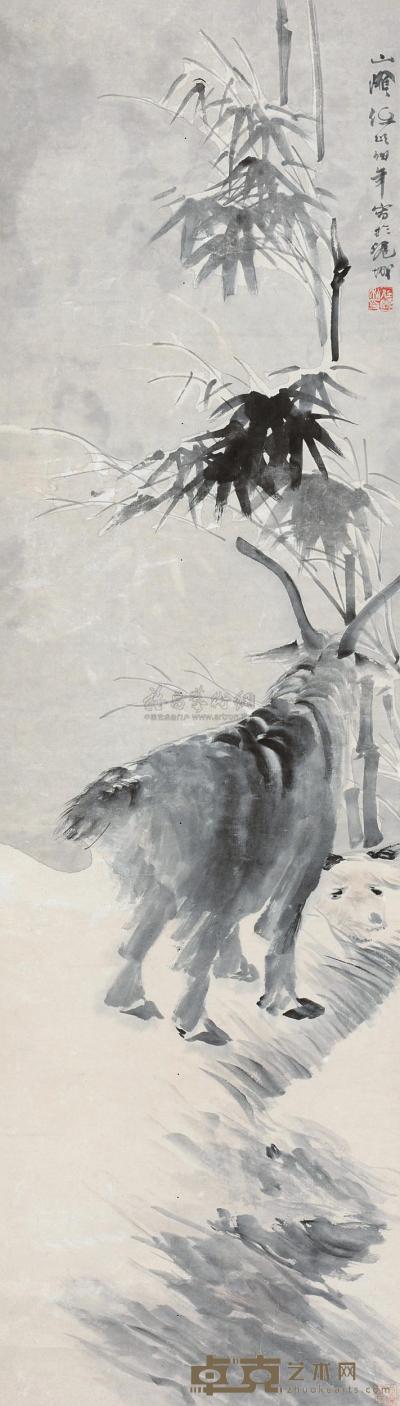 任伯年 （款） 竹羊图 立轴 135×37cm