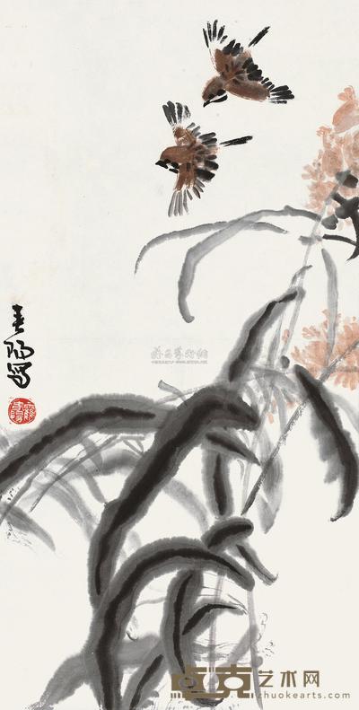 霍春阳 双雀图 镜心 68×35cm